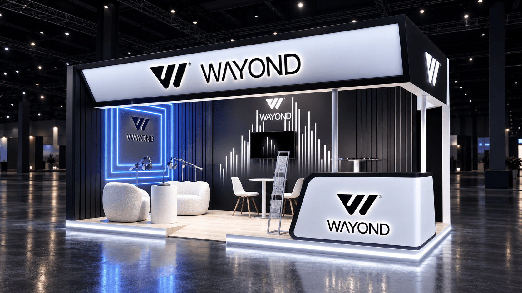 Wayond exhibition booth with illuminated fascia, podcast area, seating and reception counter